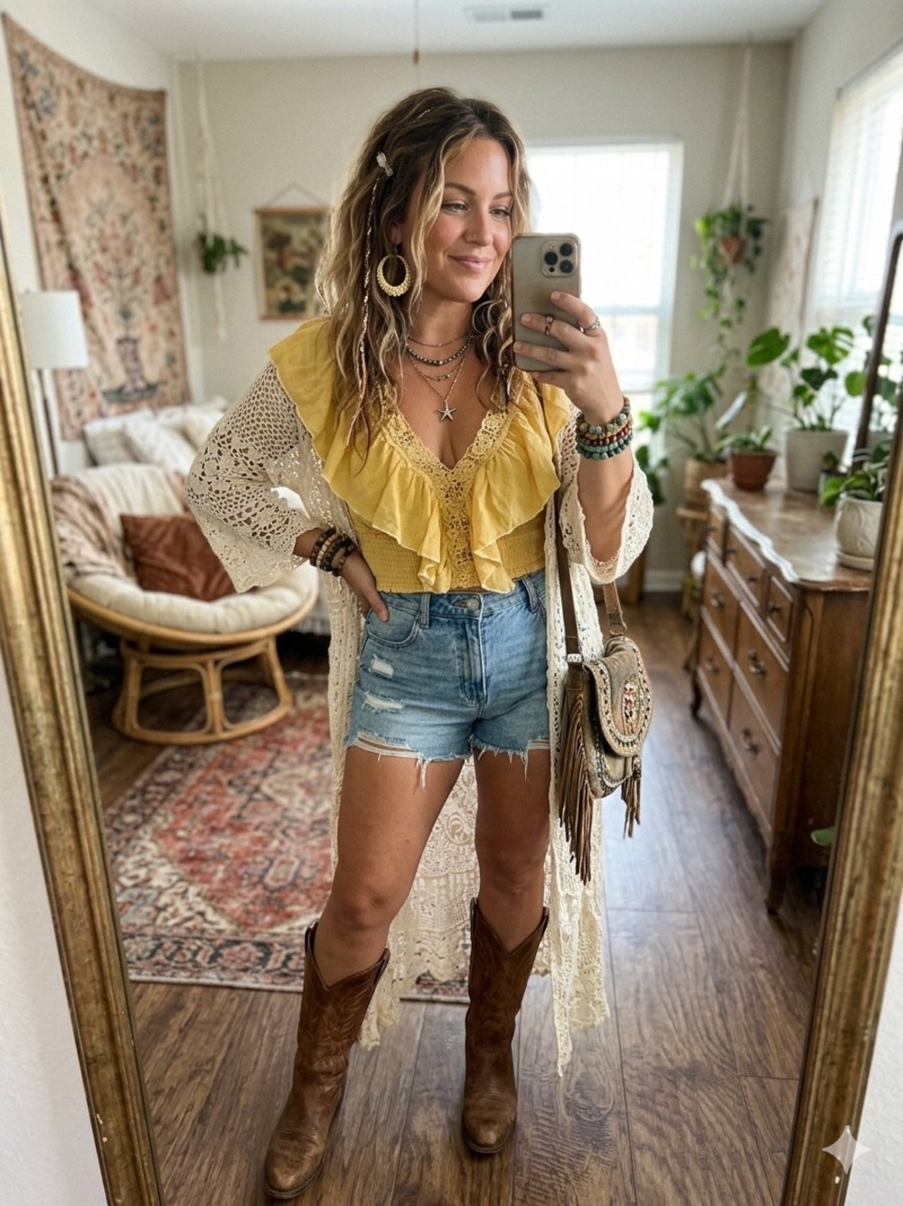 NWT) HWA Apparel Mustard Yellow Lace Ruffle Boho Crop Top Size M